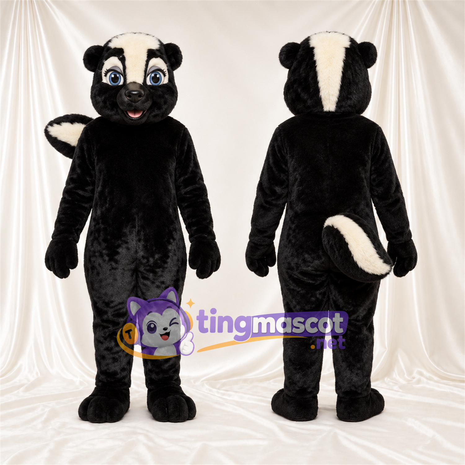 Costume de mascotte Mouffette – noir / blanc – Queue rayée (blanc); Yeux (bleu) Costume de mascotte Mouffette – noir / blanc – Queue rayée (blanc); Yeux (bleu)
