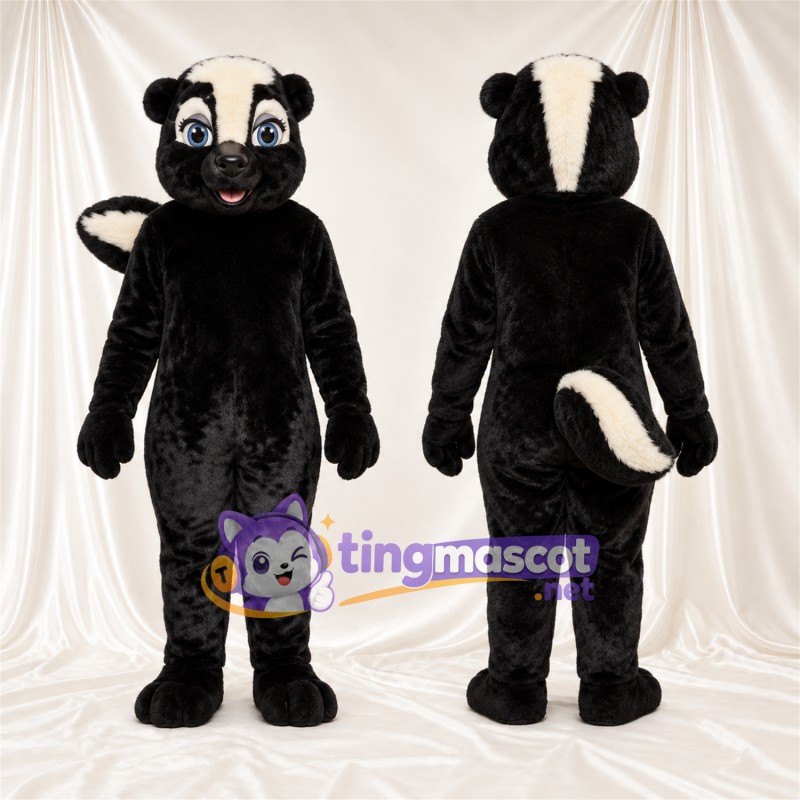 Costume de mascotte Mouffette – noir / blanc – Queue rayée (blanc); Yeux (bleu)