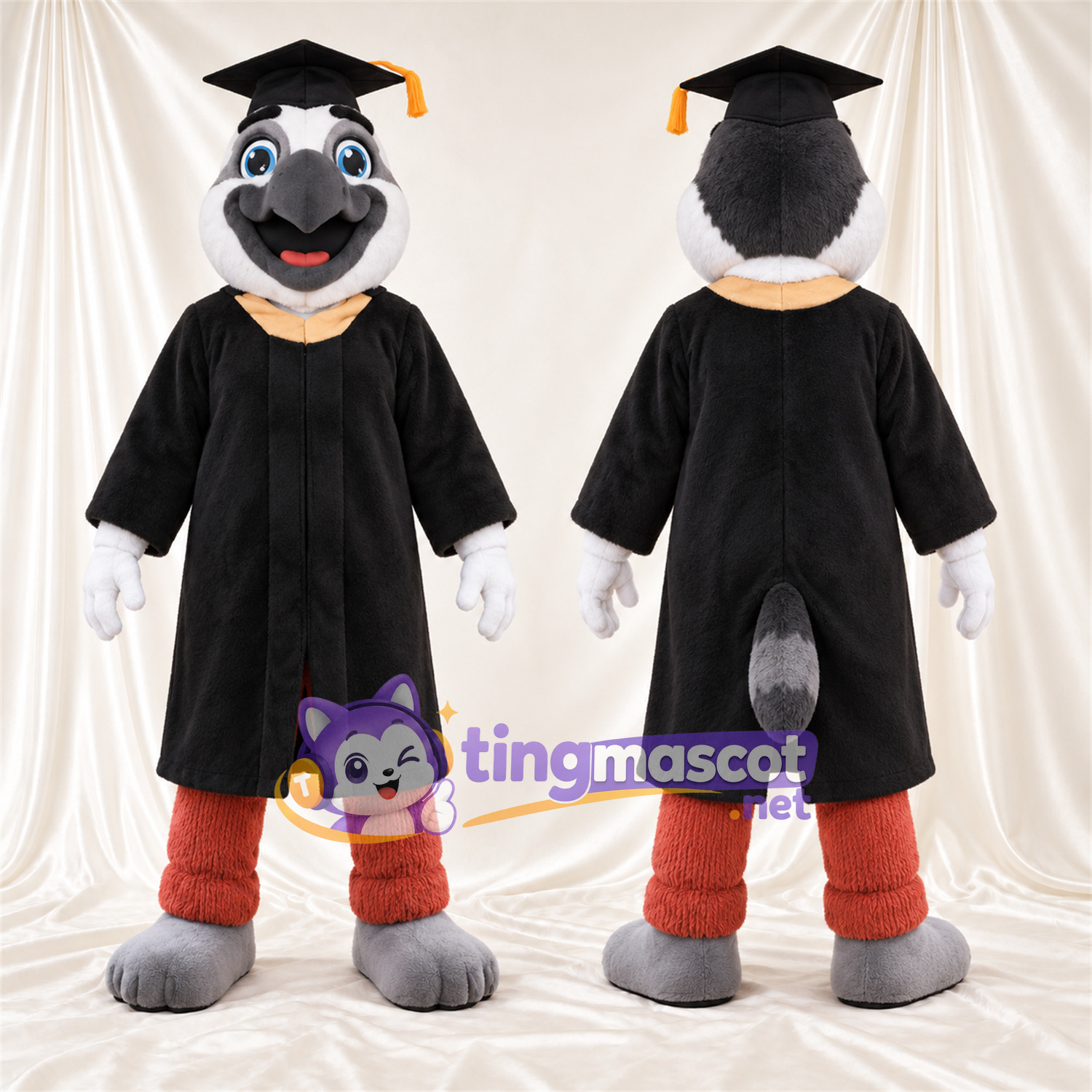 Costume de mascotte Perroquet – gris – Toge de diplômé (noir); Casquette Costume de mascotte Perroquet – gris – Toge de diplômé (noir); Casquette