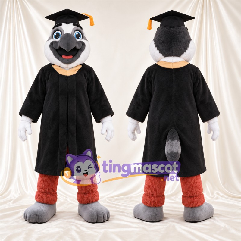 Costume de mascotte Perroquet – gris – Toge de diplômé (noir); Casquette