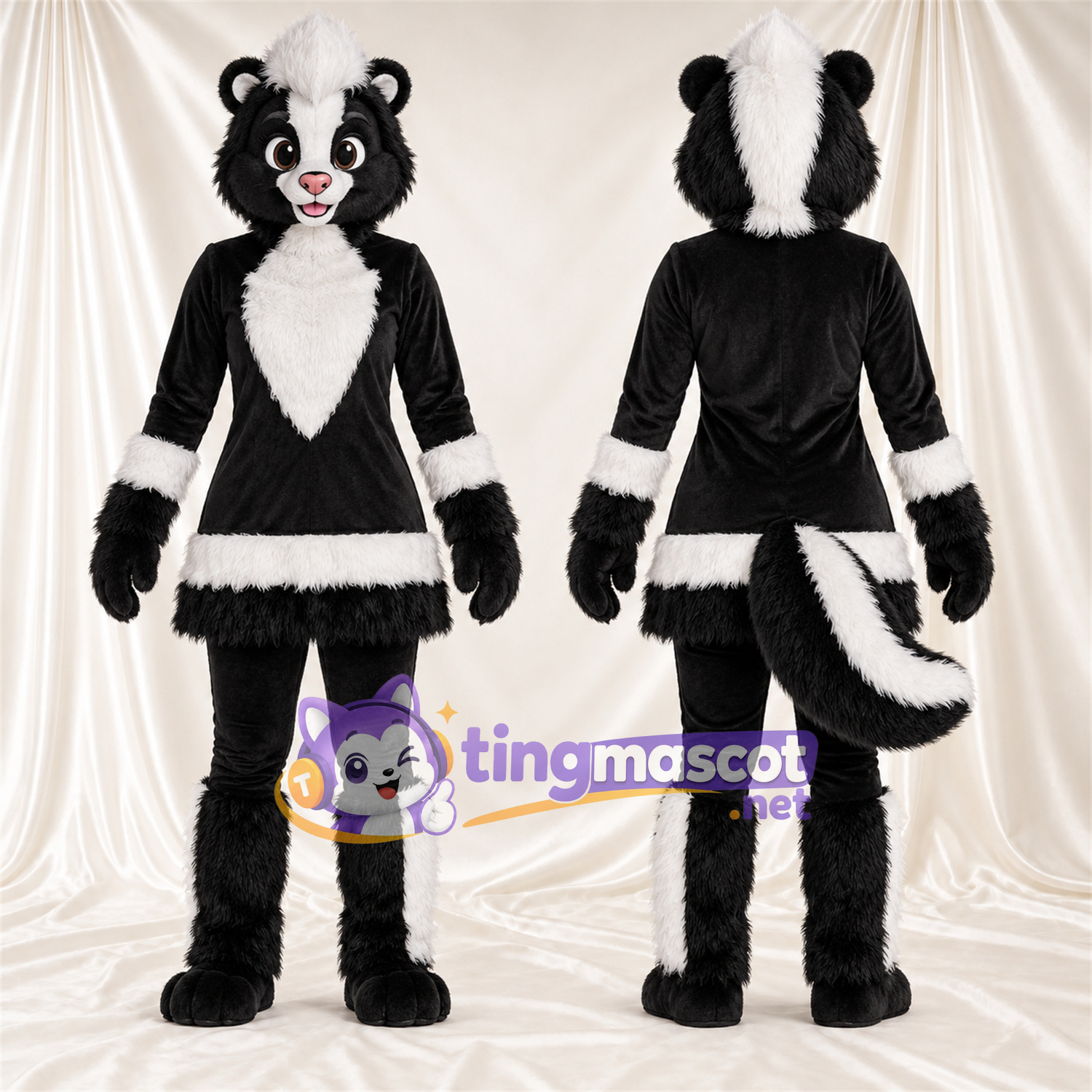 Black and White Skunk Mascot Costume - Black Dress with White Trim Black and White Skunk Mascot Costume - Black Dress with White Trim