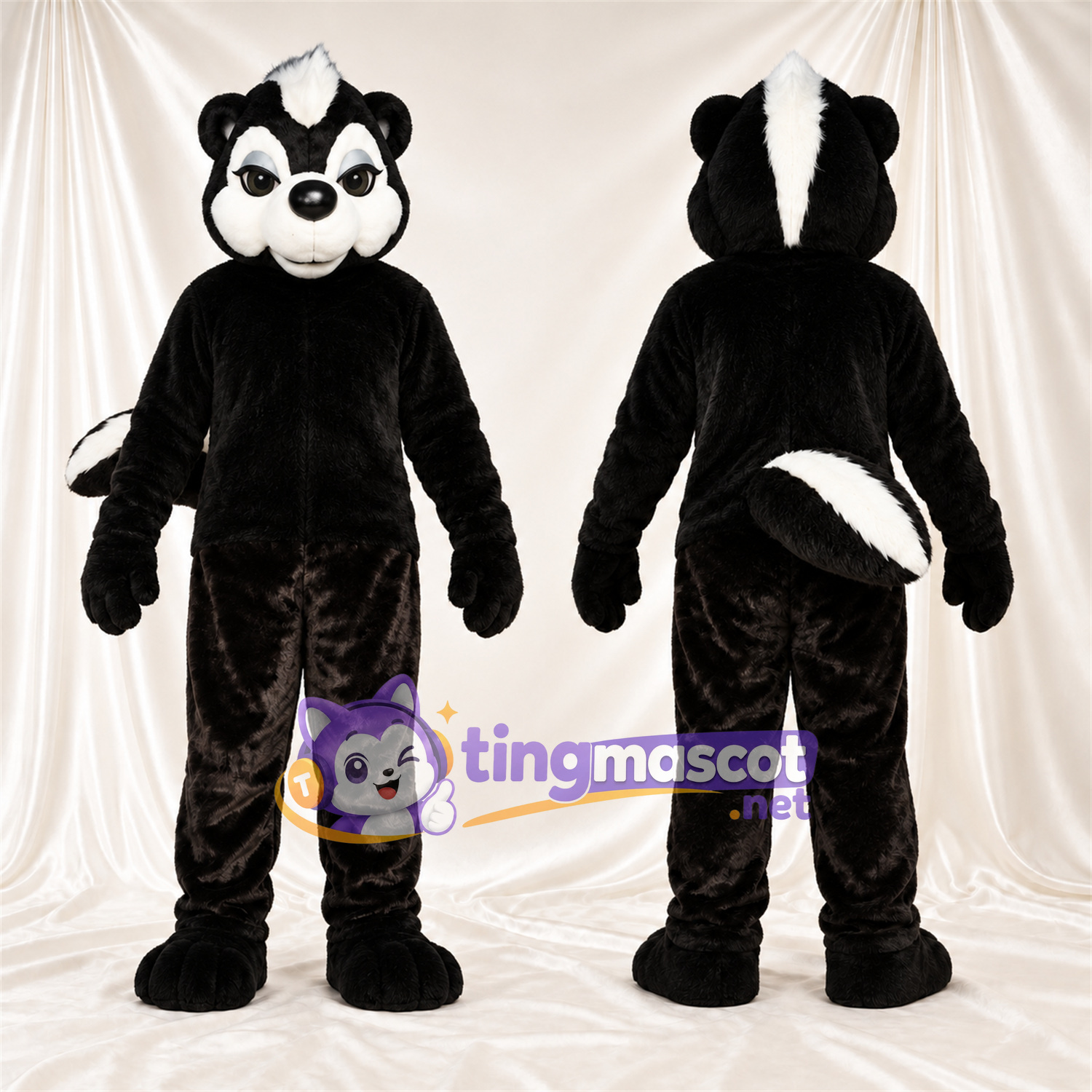 Costume de mascotte Mouffette – noir / blanc – Queue rayée (blanc); Visage (blanc) Costume de mascotte Mouffette – noir / blanc – Queue rayée (blanc); Visage (blanc)