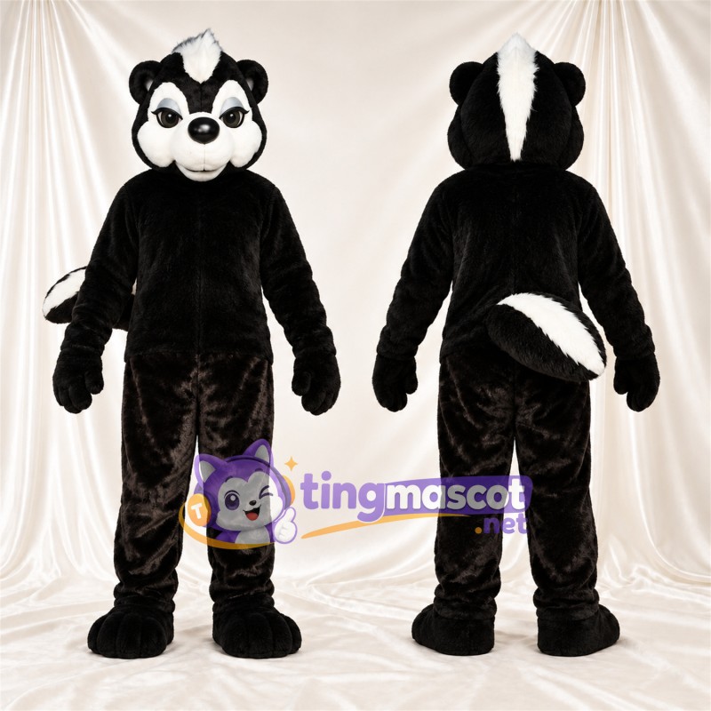 Costume de mascotte Mouffette – noir / blanc – Queue rayée (blanc); Visage (blanc)