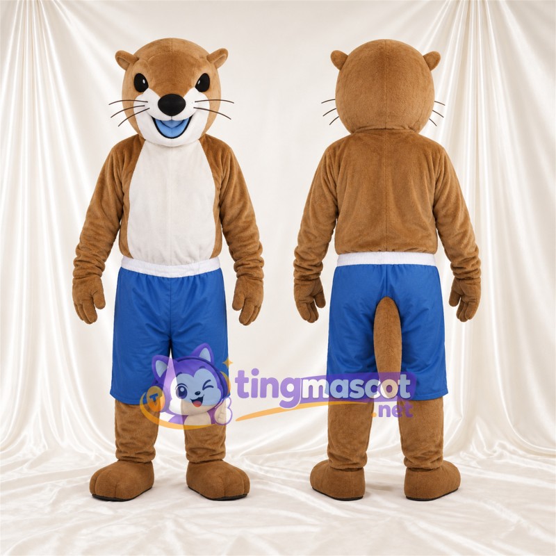 Costume de mascotte Chat – brun clair – Chemise (blanc); Short (bleu)