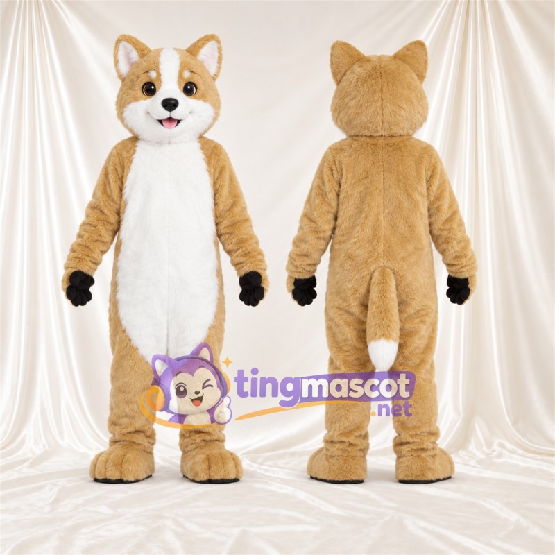 Maskottchenkostüm Fuchs – hellbraun / weiß – Bauch (weiß); Hände (schwarz)
