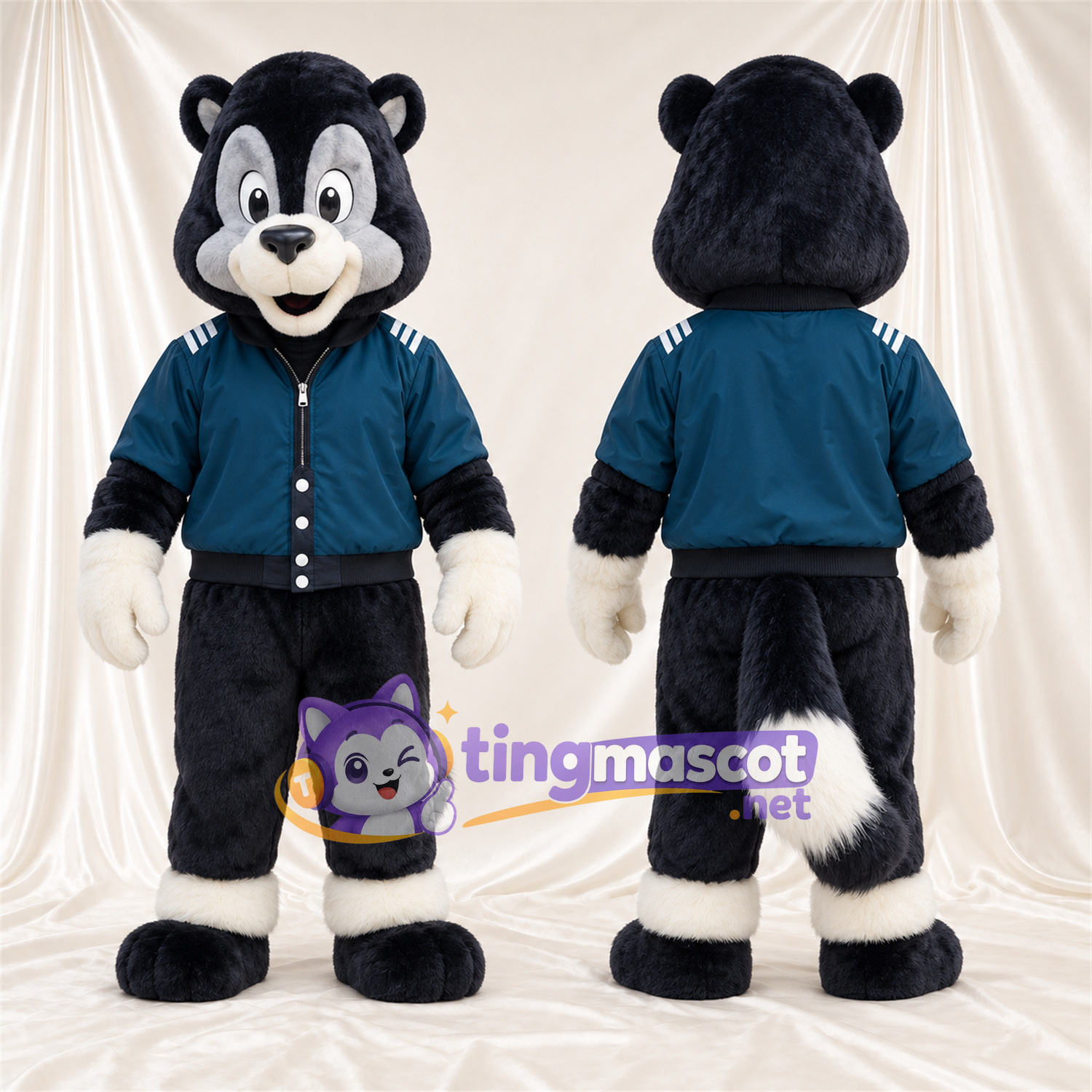 Black and White Skunk Mascot Costume - Blue Jacket Black and White Skunk Mascot Costume - Blue Jacket
