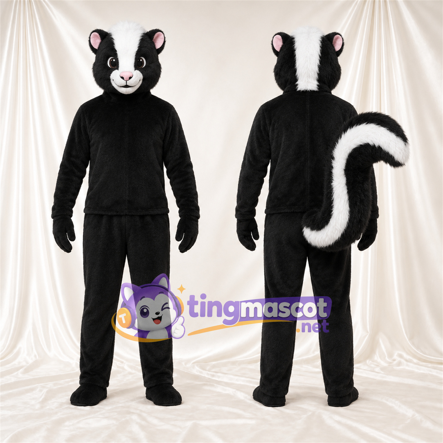 Black and White Skunk Mascot Costume - Pink Inner Ears and Upright Bushy Tail Black and White Skunk Mascot Costume - Pink Inner Ears and Upright Bushy Tail
