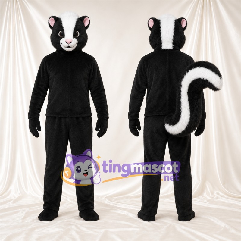 Black and White Skunk Mascot Costume - Pink Inner Ears and Upright Bushy Tail