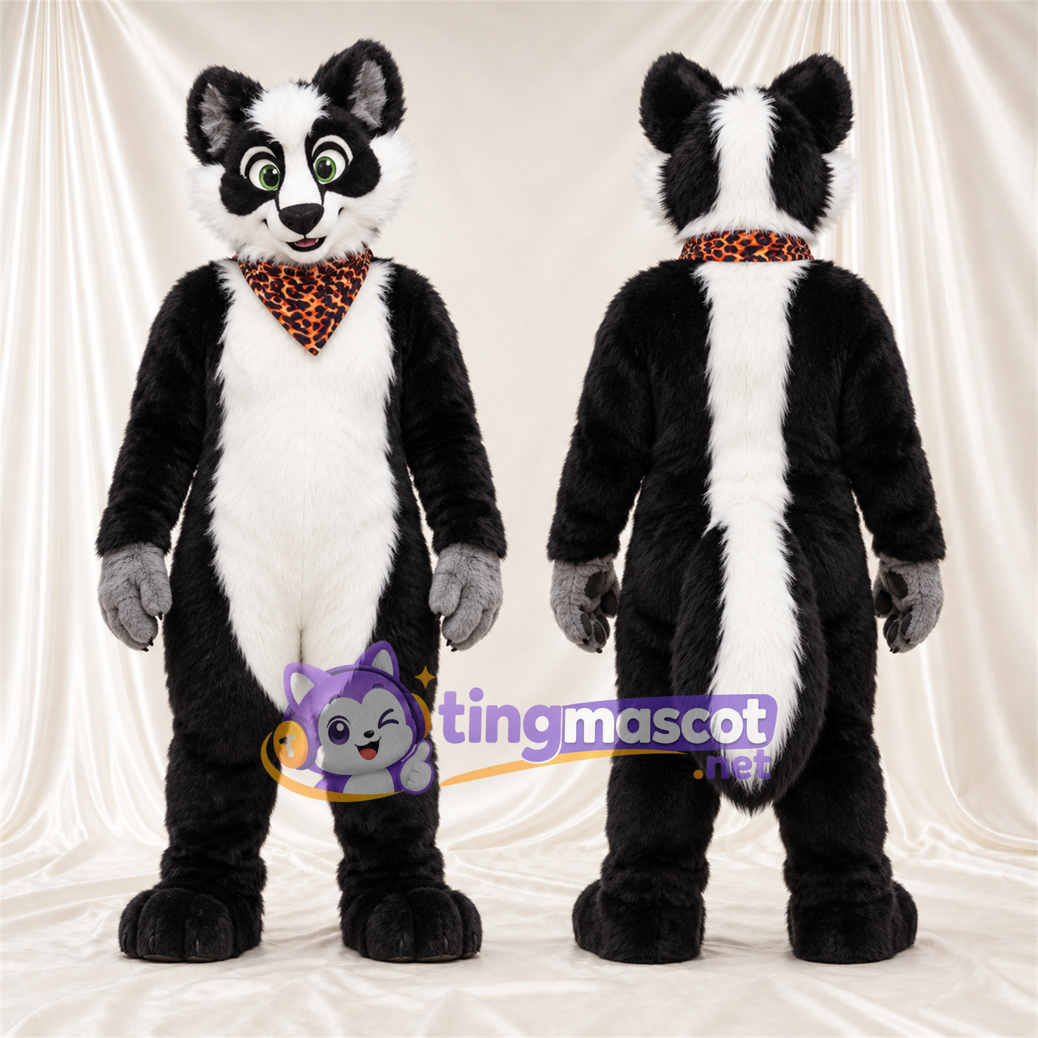 Black and White Skunk Mascot Costume - Orange Patterned Bandana Black and White Skunk Mascot Costume - Orange Patterned Bandana