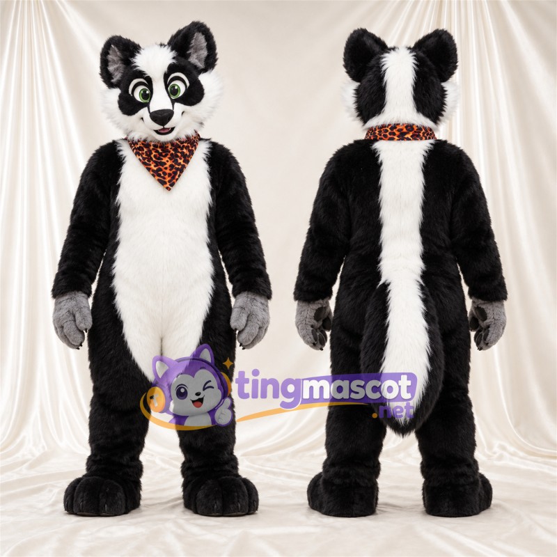 Black and White Skunk Mascot Costume - Orange Patterned Bandana
