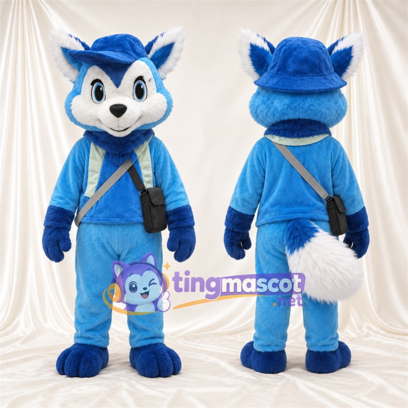 Blue and White Fox Mascot Costume - Blue Outfit, Hat and Shoulder Bag
