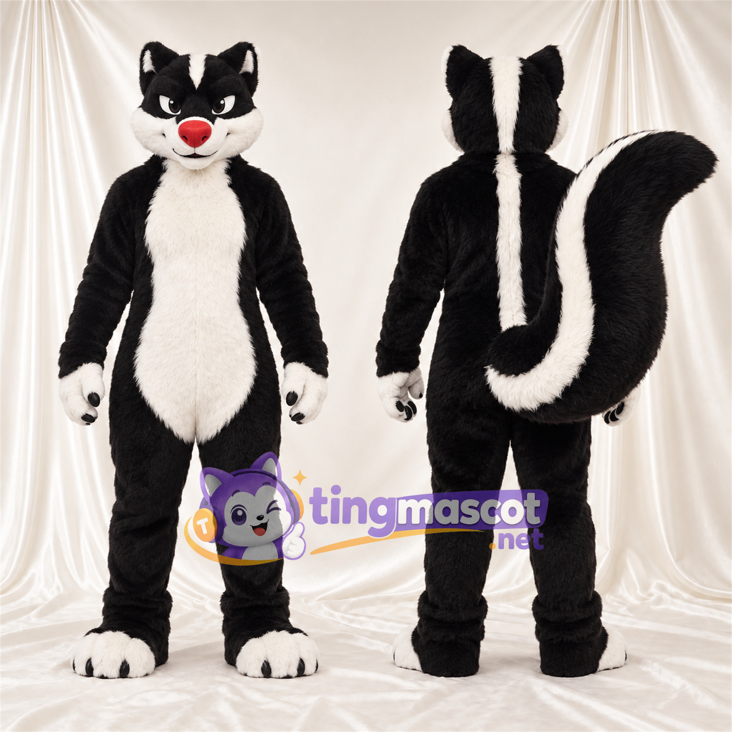 Costume de mascotte Mouffette – noir / blanc – Queue touffue; Nez (rouge) Costume de mascotte Mouffette – noir / blanc – Queue touffue; Nez (rouge)