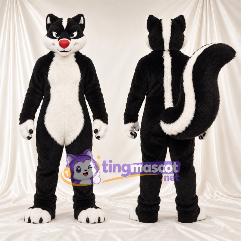Costume de mascotte Mouffette – noir / blanc – Queue touffue; Nez (rouge)