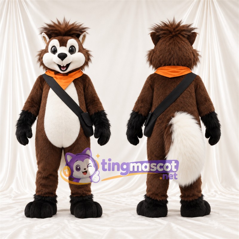 Brown and White Red Panda Mascot Costume - Orange Bandana and Black Shoulder Strap