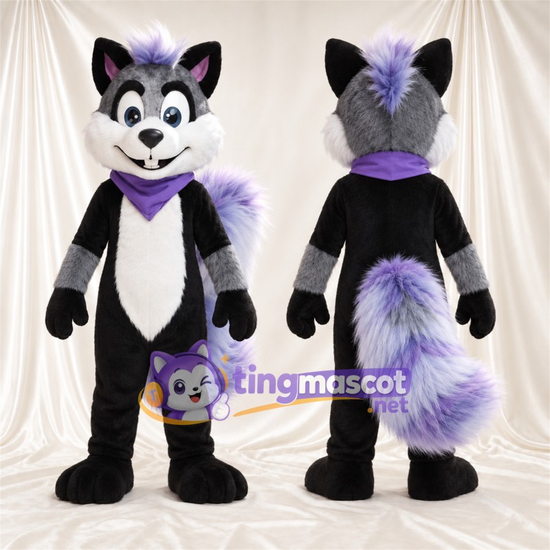 Black, White and Purple Skunk Mascot Costume - Purple Bandana
