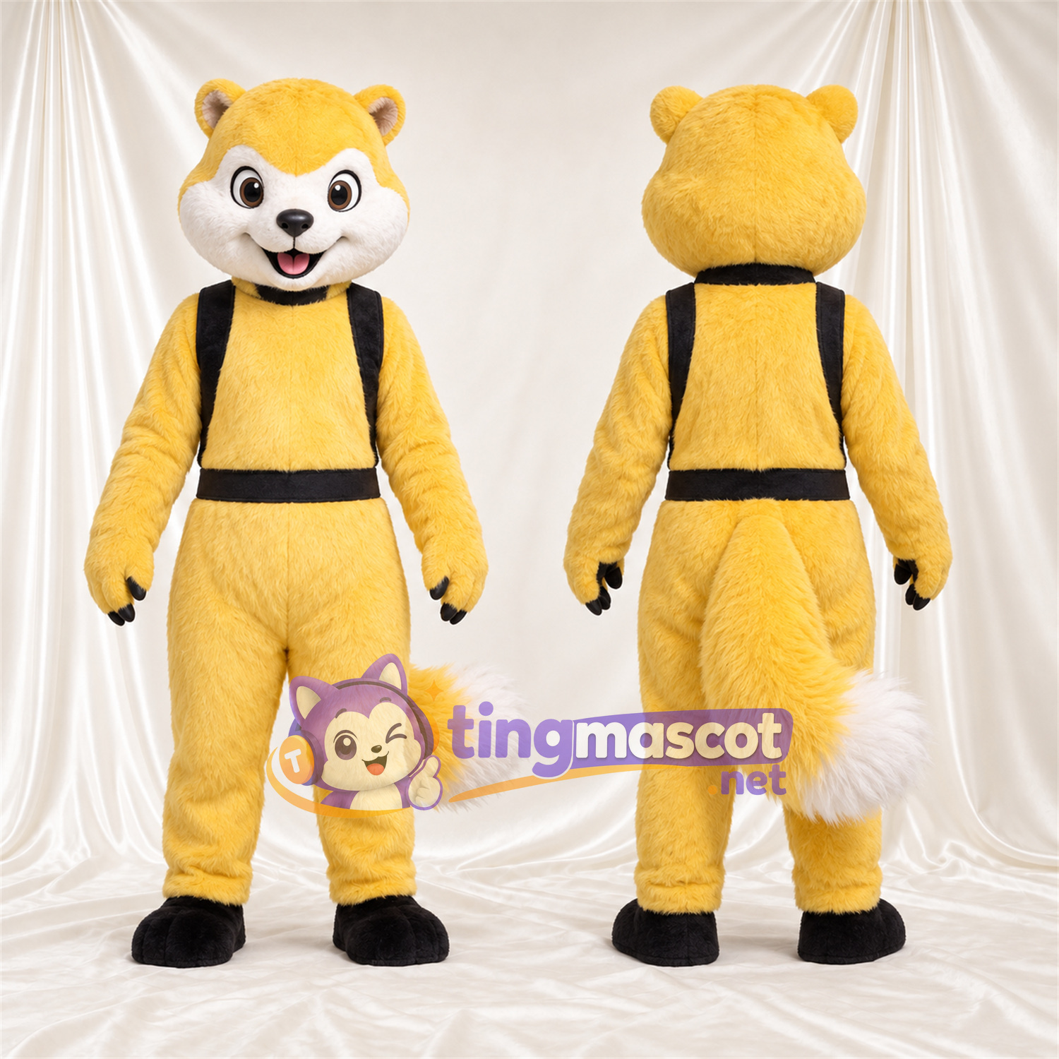 Costume de mascotte Panda roux – jaune / blanc – Harnais (noir)