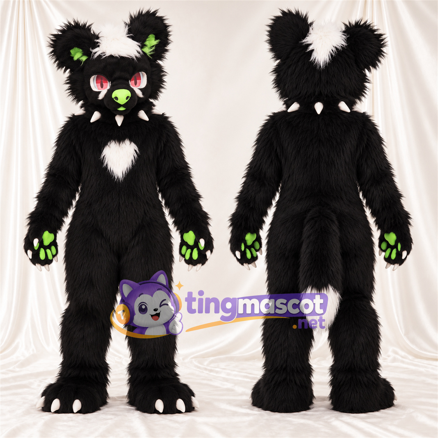 Black Monster Mascot Costume - Green Accents and White Spikes Black Monster Mascot Costume - Green Accents and White Spikes