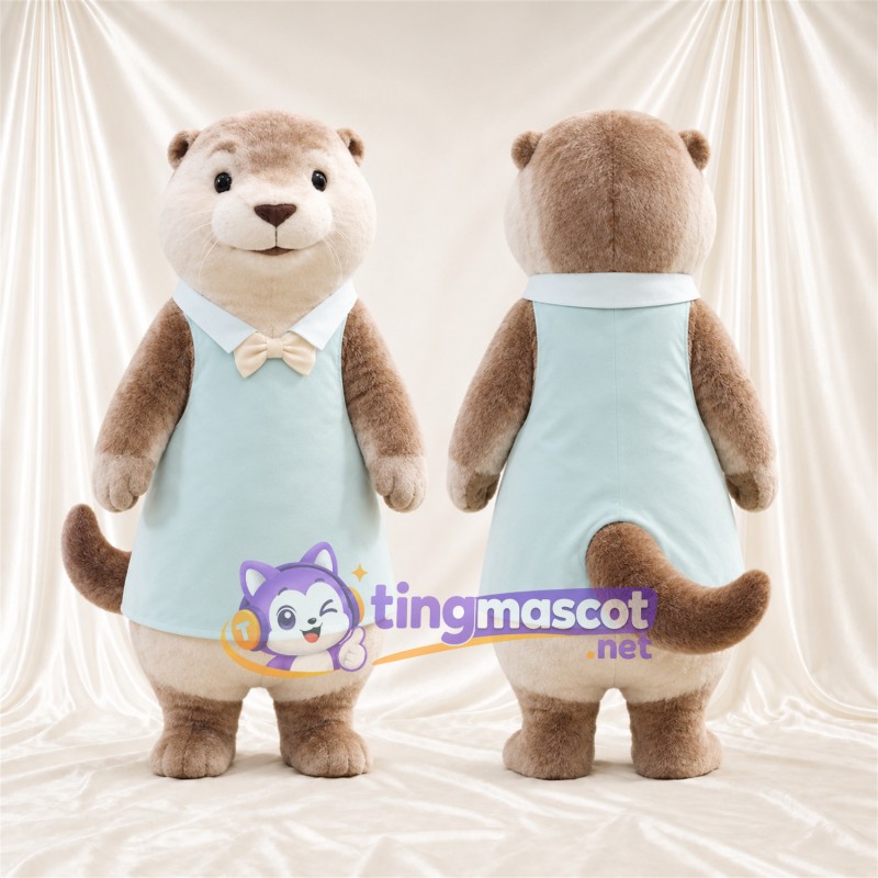 Costume de mascotte Loutre – brun clair – Robe (bleu clair); Nœud papillon (blanc)