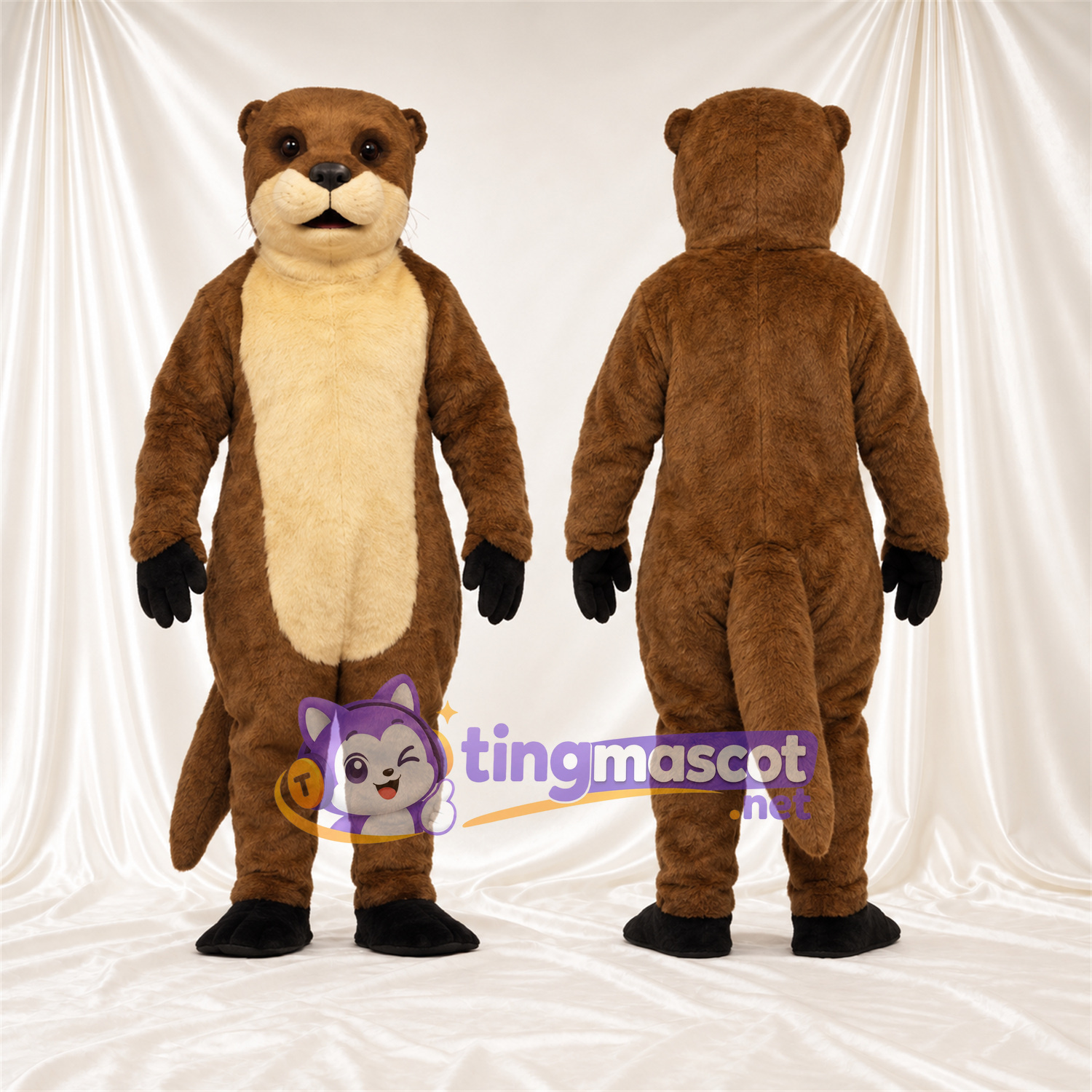 Maskottchenkostüm Otter – braun – Bauch (creme); Handschuhe (schwarz) Maskottchenkostüm Otter – braun – Bauch (creme); Handschuhe (schwarz)