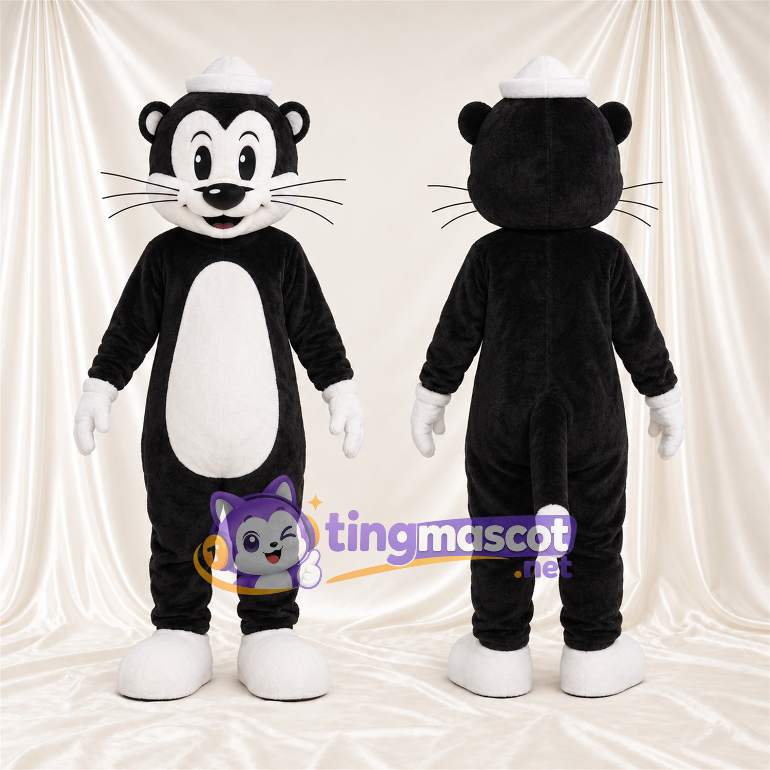 Maskottchenkostüm Katze – schwarz / weiß – Matrosenmütze (weiß) Maskottchenkostüm Katze – schwarz / weiß – Matrosenmütze (weiß)