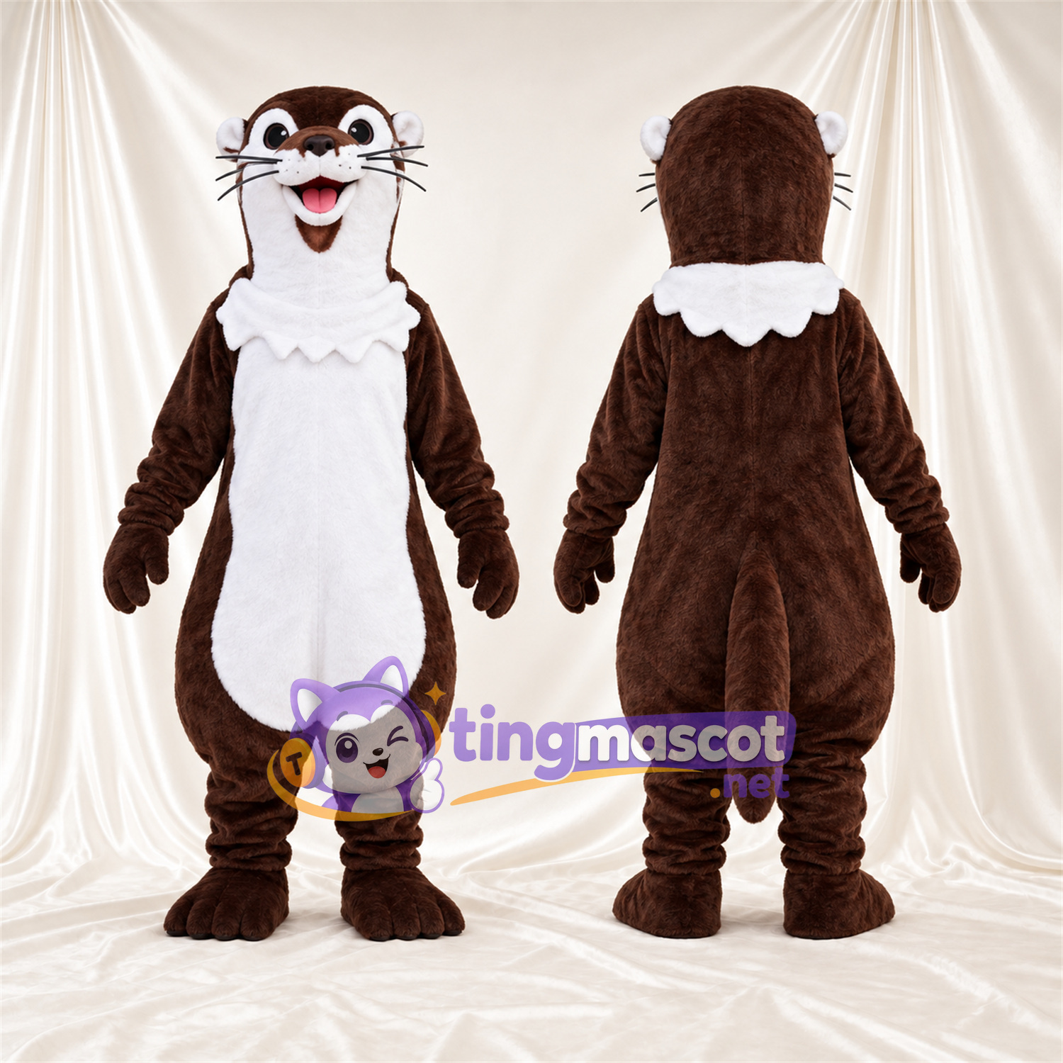 Costume de mascotte Loutre – marron / blanc – Col à volants (blanc); Ventre (blanc) Costume de mascotte Loutre – marron / blanc – Col à volants (blanc); Ventre (blanc)