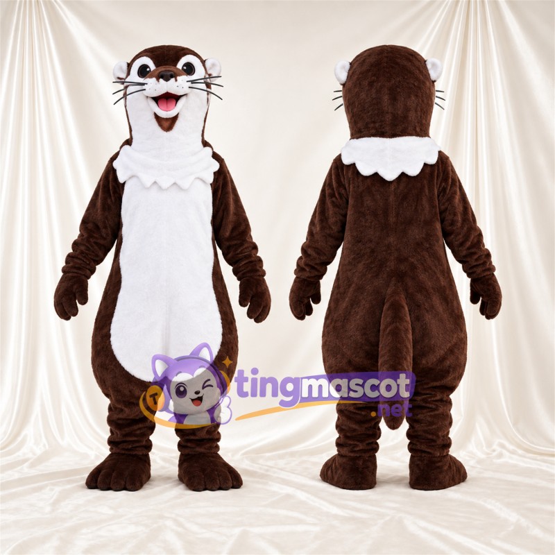 Costume de mascotte Loutre – marron / blanc – Col à volants (blanc); Ventre (blanc)