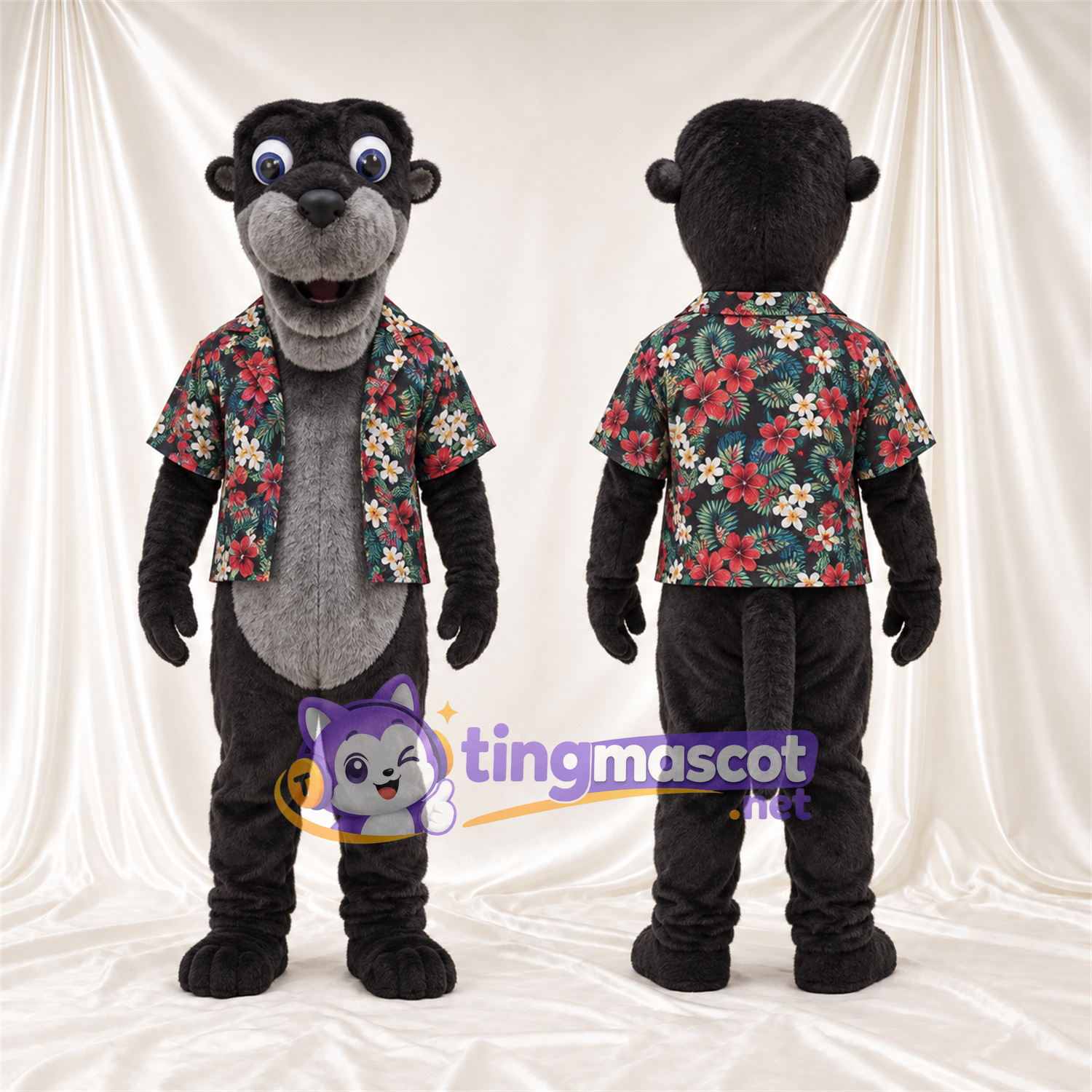 Black Otter Mascot Costume - Floral Shirt and Black Pants Black Otter Mascot Costume - Floral Shirt and Black Pants