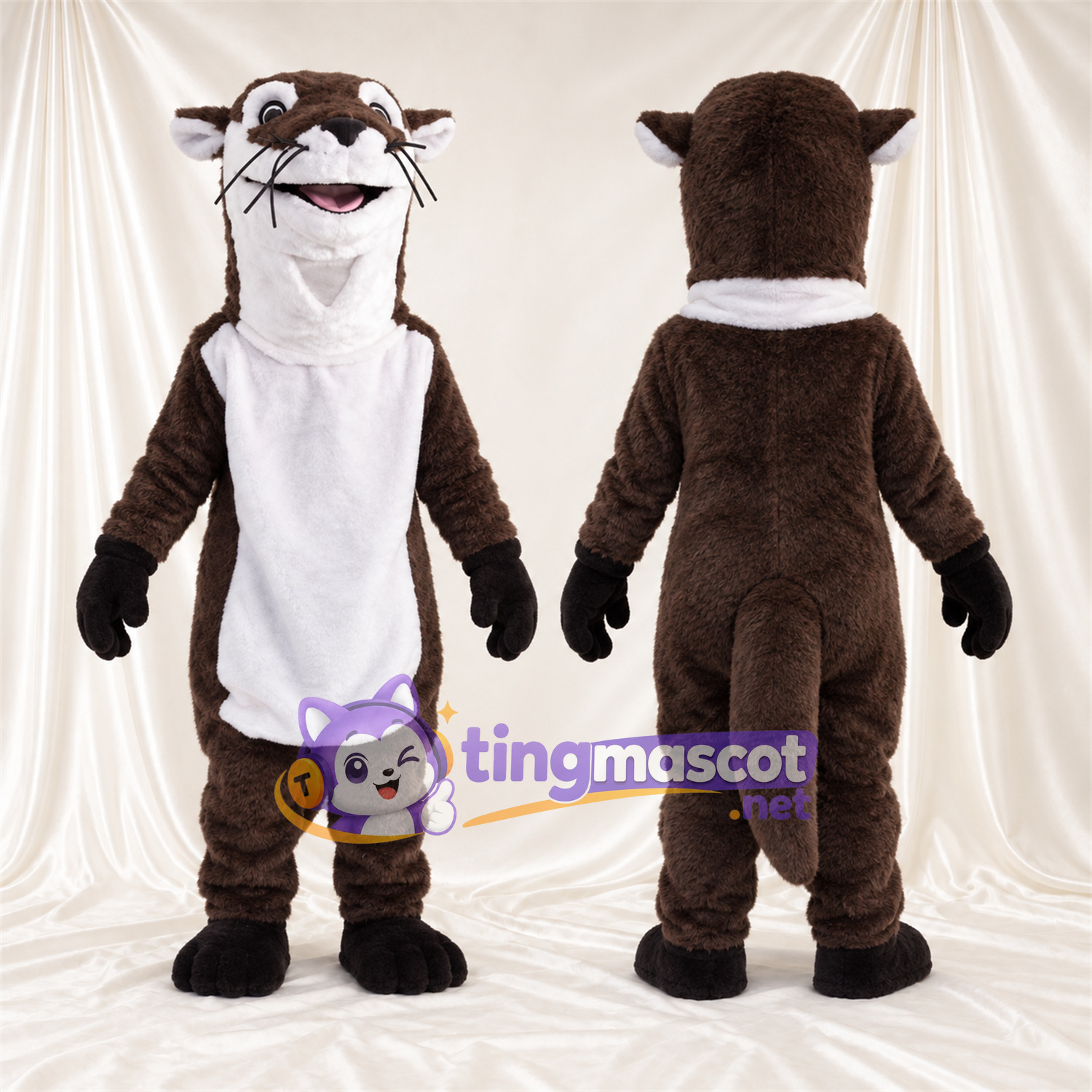 Costume de mascotte Loutre – marron / blanc – Col à volants (blanc); Ventre (blanc) Costume de mascotte Loutre – marron / blanc – Col à volants (blanc); Ventre (blanc)
