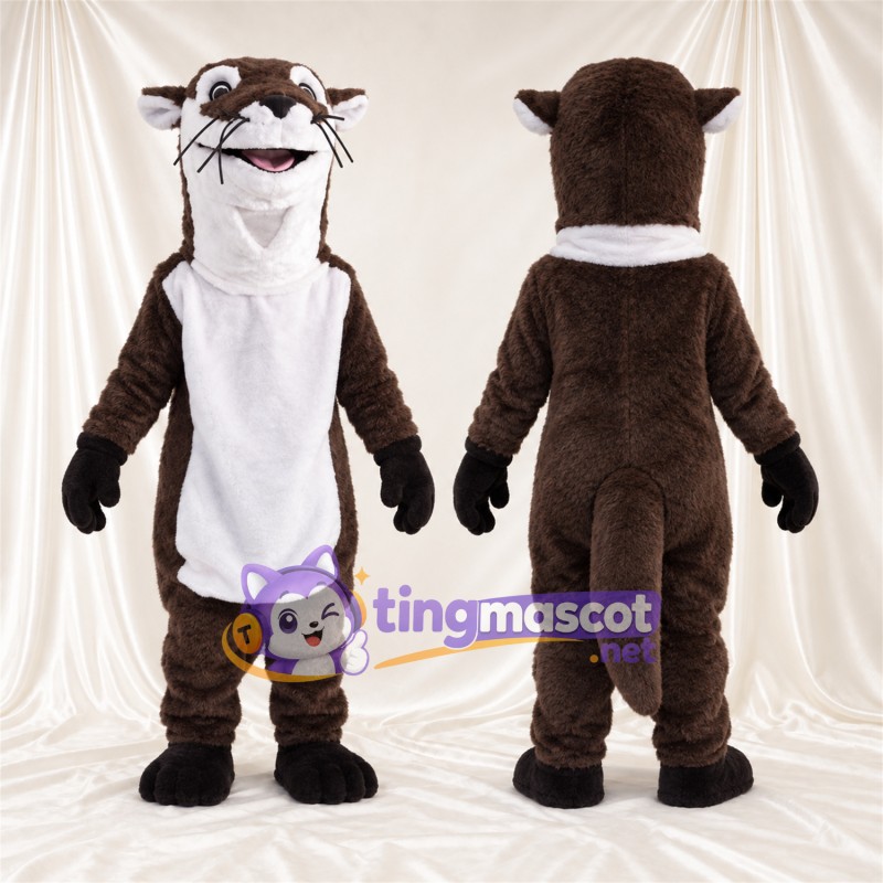 Costume de mascotte Loutre – marron / blanc – Col à volants (blanc); Ventre (blanc)