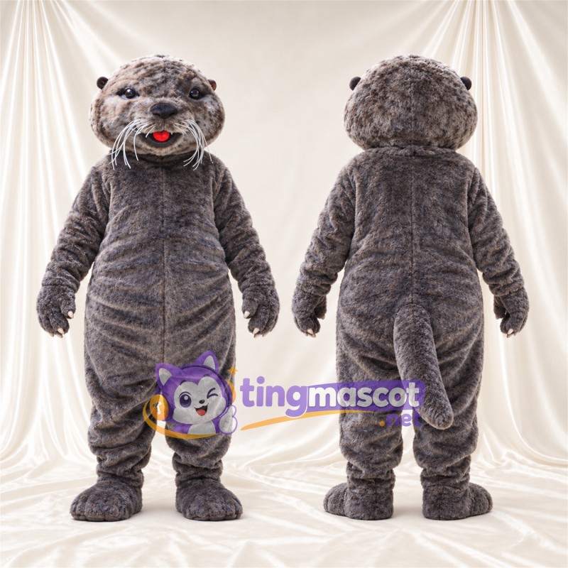 Costume de mascotte Loutre – gris – Langue (rouge); Moustaches (blanc)