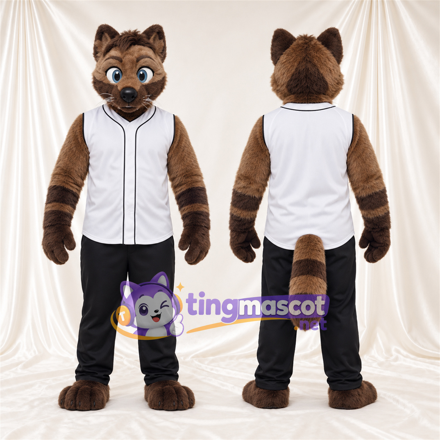 Maskottchenkostüm Tigerkatze – braun – Baseballtrikot (weiß); Hose (schwarz) Maskottchenkostüm Tigerkatze – braun – Baseballtrikot (weiß); Hose (schwarz)