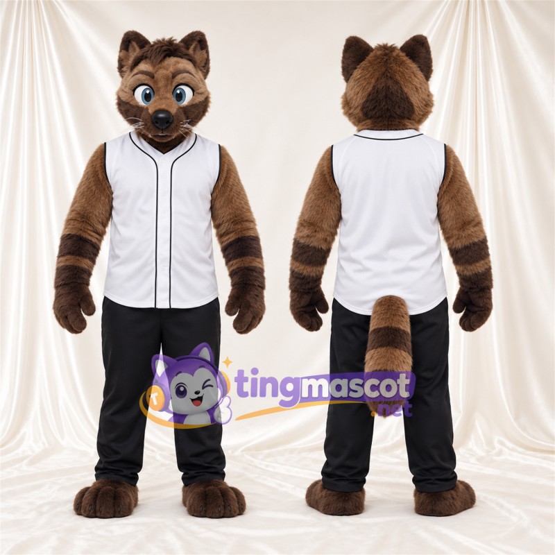 Maskottchenkostüm Tigerkatze – braun – Baseballtrikot (weiß); Hose (schwarz)