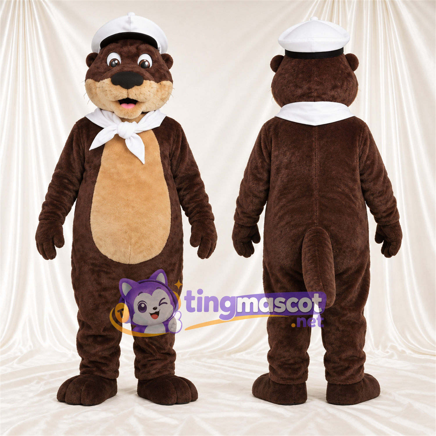 Costume de mascotte Loutre – marron – Chapeau de marin (blanc); Écharpe Costume de mascotte Loutre – marron – Chapeau de marin (blanc); Écharpe