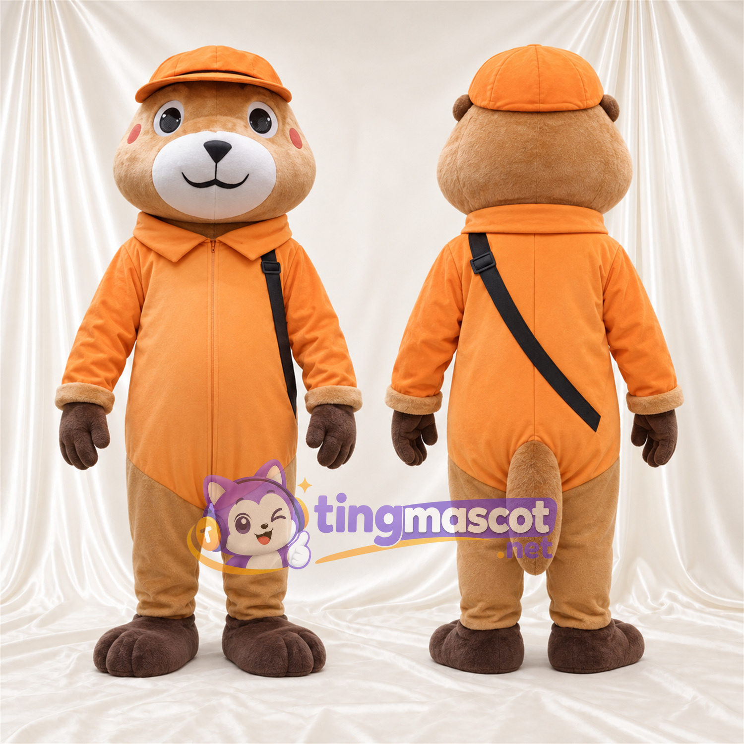 Costume de mascotte Loutre – marron – Combinaison (orange); Casquette (orange) Costume de mascotte Loutre – marron – Combinaison (orange); Casquette (orange)