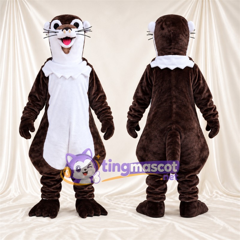 Costume de mascotte Loutre – marron / blanc – Col à volants (blanc); Ventre (blanc)