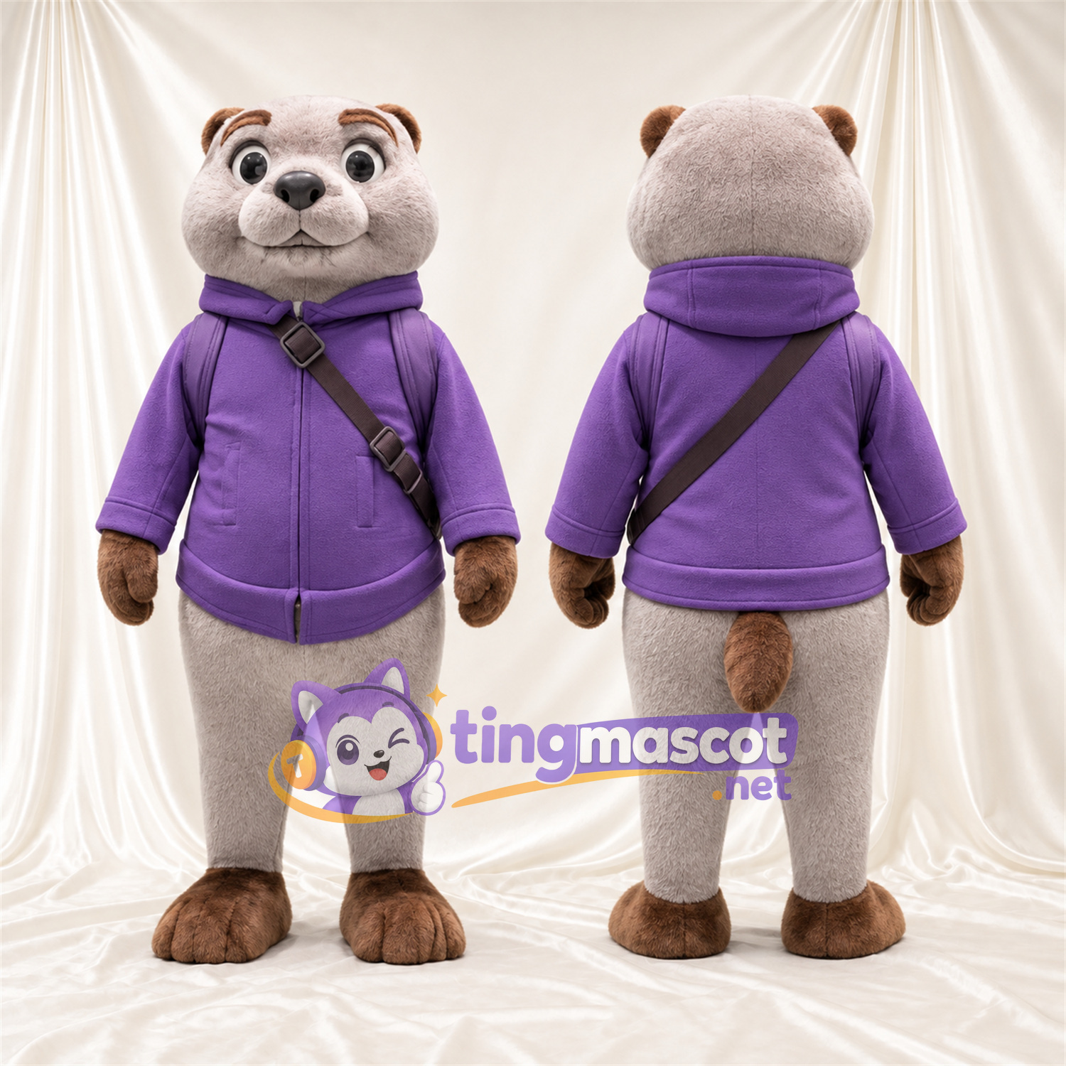 Costume de mascotte Loutre – gris – Sweat à capuche (violet); Bandoulière Costume de mascotte Loutre – gris – Sweat à capuche (violet); Bandoulière