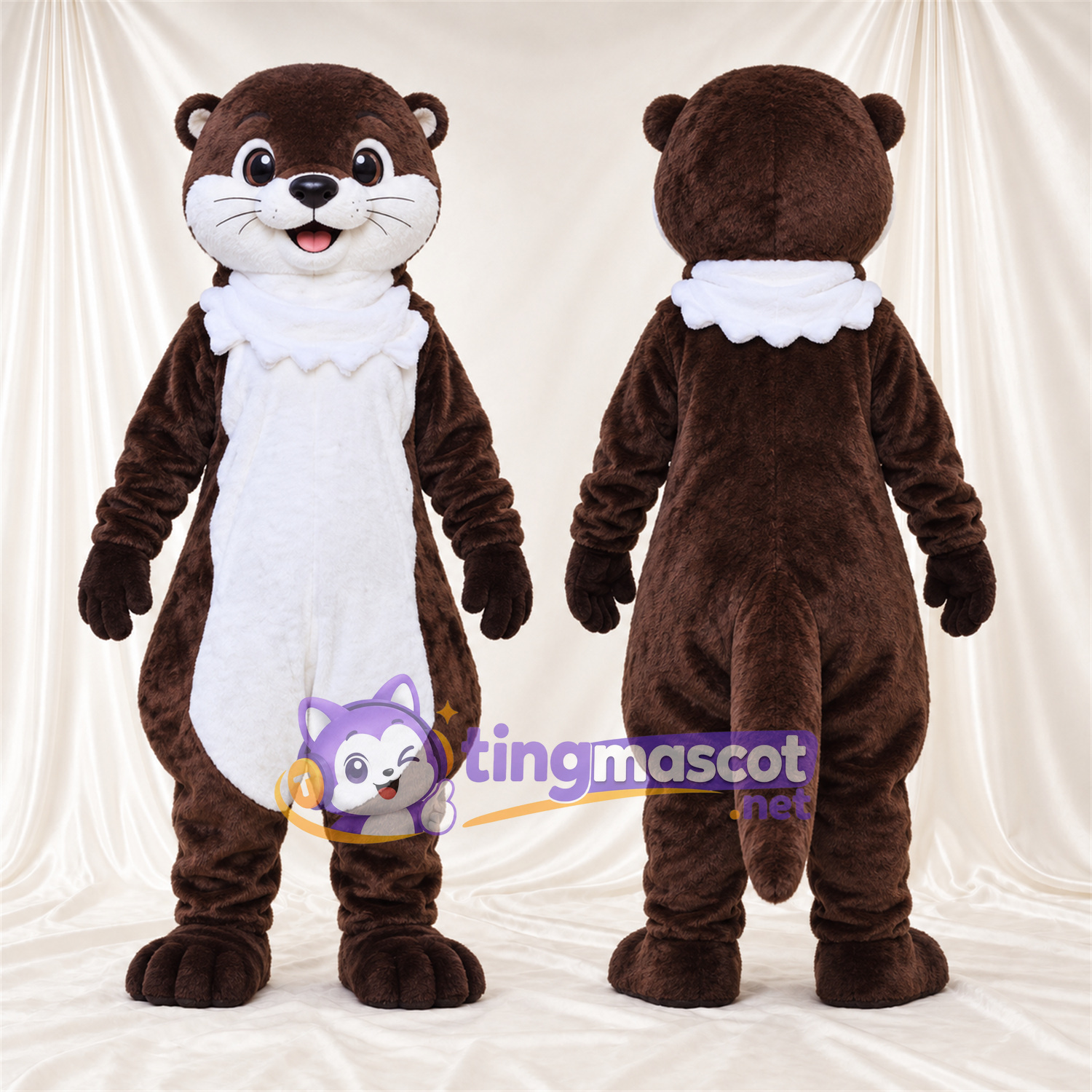 Costume de mascotte Loutre – marron / blanc – Col à volants (blanc); Ventre rond Costume de mascotte Loutre – marron / blanc – Col à volants (blanc); Ventre rond