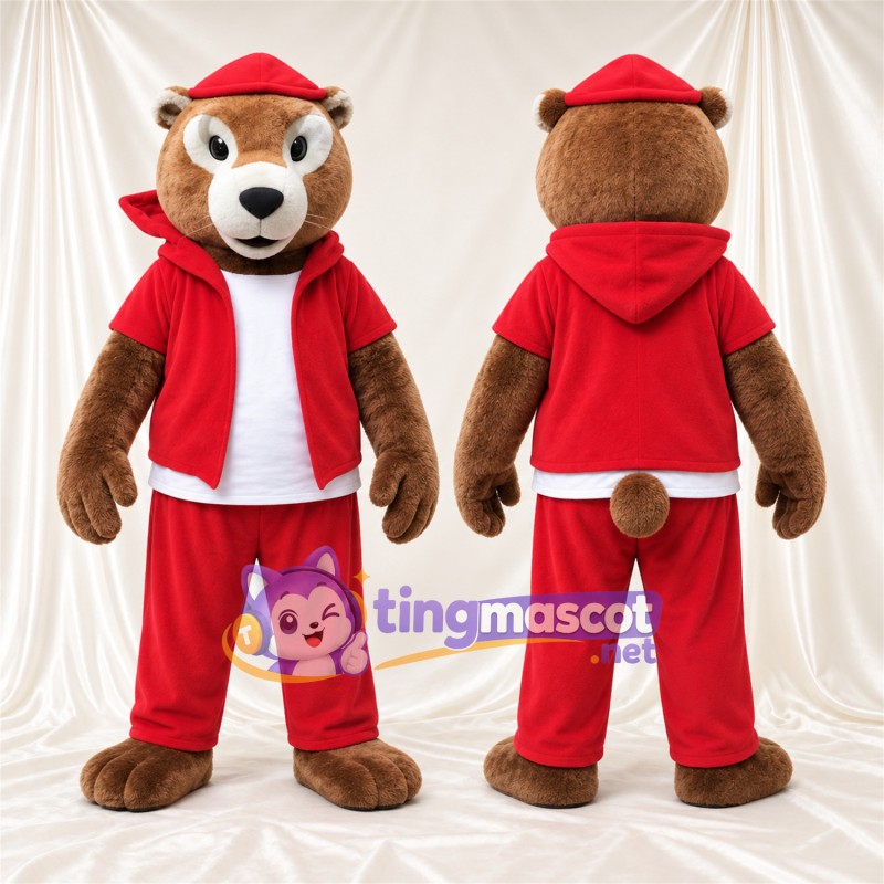 Costume de mascotte Loutre – marron – Survêtement (rouge); Casquette