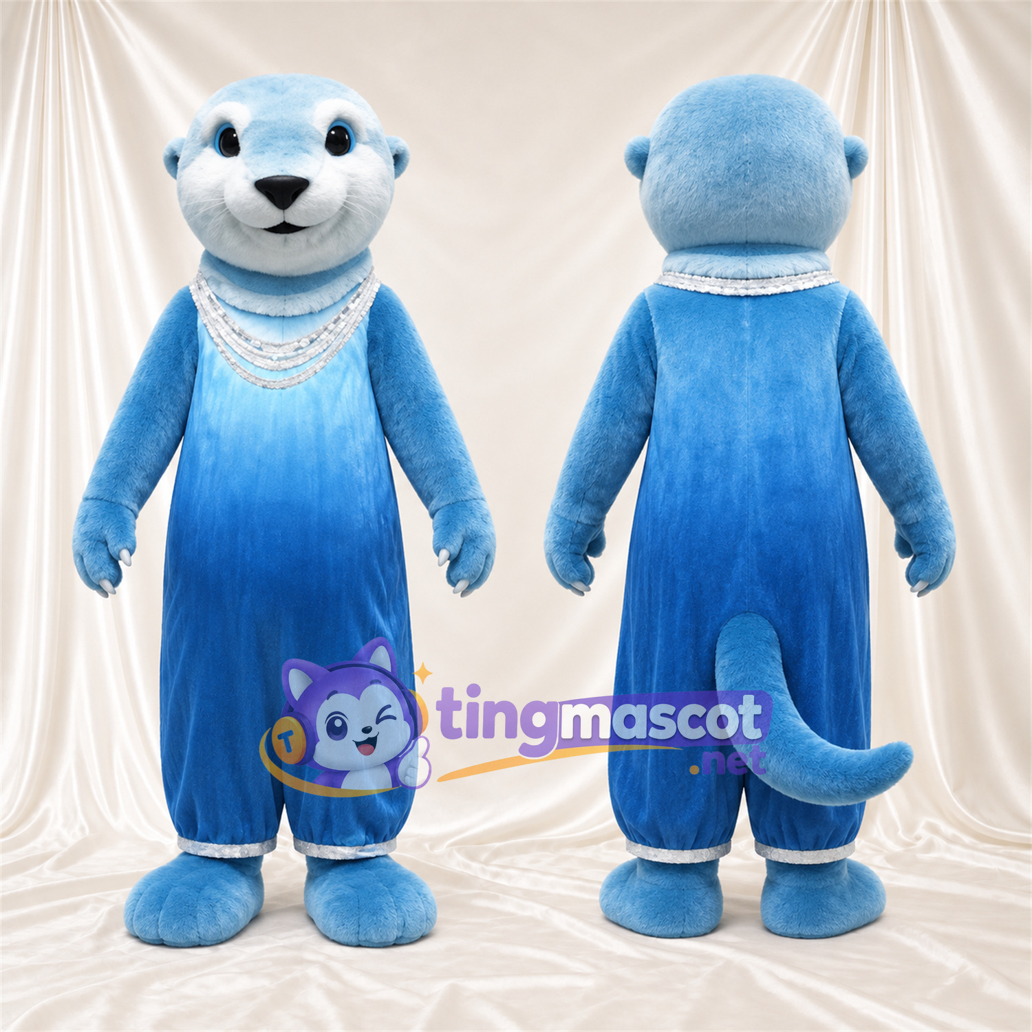 Blue Otter Mascot Costume - Pearl-Style Necklaces and Blue Jumpsuit Blue Otter Mascot Costume - Pearl-Style Necklaces and Blue Jumpsuit