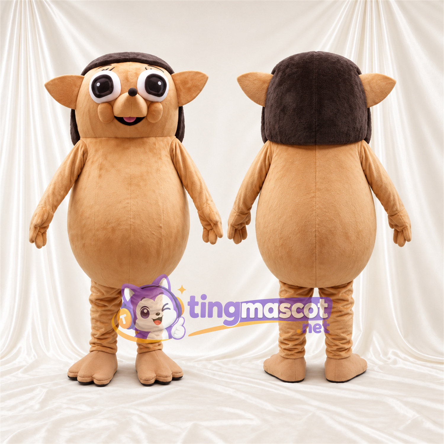 Costume de mascotte Créature fantastique – brun clair – Ventre rond; Tête (marron foncé)