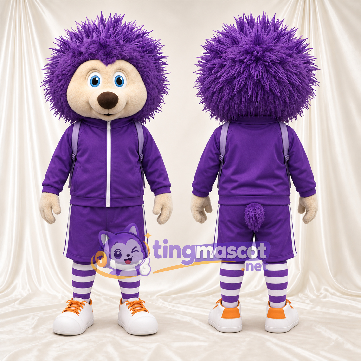 Costume de mascotte Hérisson – violet – Sweat à capuche (violet); Short Costume de mascotte Hérisson – violet – Sweat à capuche (violet); Short