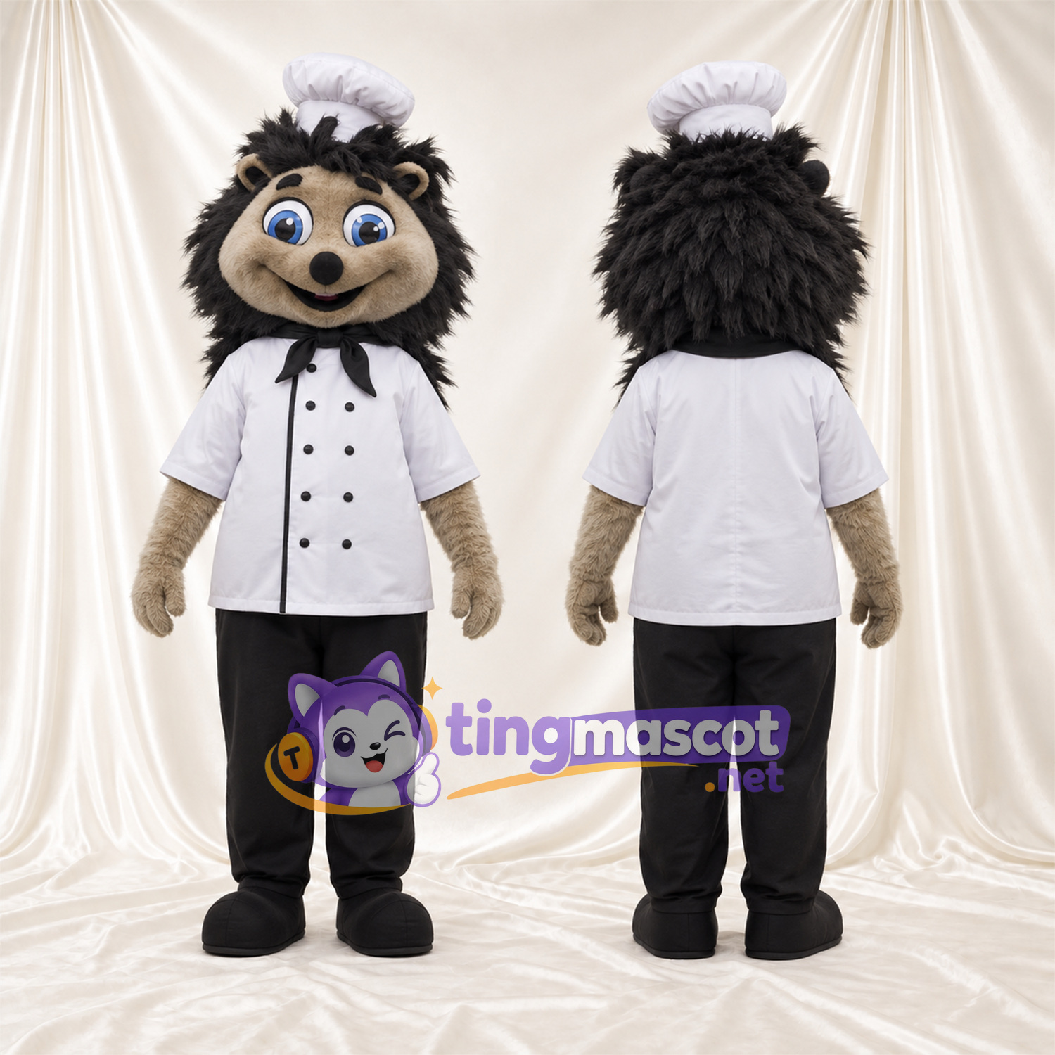 Black and Cream Hedgehog Mascot Costume - White Chef Jacket, Chef Hat and Black Pants Black and Cream Hedgehog Mascot Costume - White Chef Jacket, Chef Hat and Black Pants