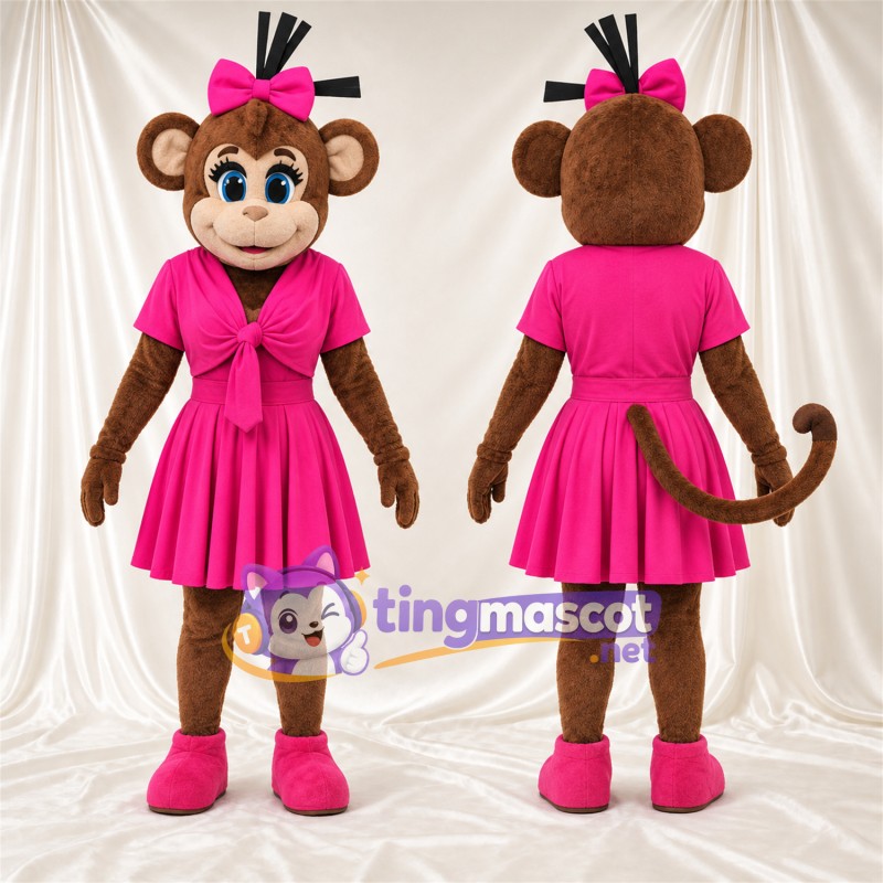 Maskottchenkostüm Affe – braun – Kleid (rosa); Schleife
