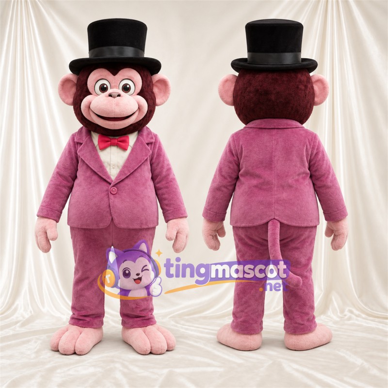Maskottchenkostüm Affe – braun – Anzug (rosa); Fliege (rot)