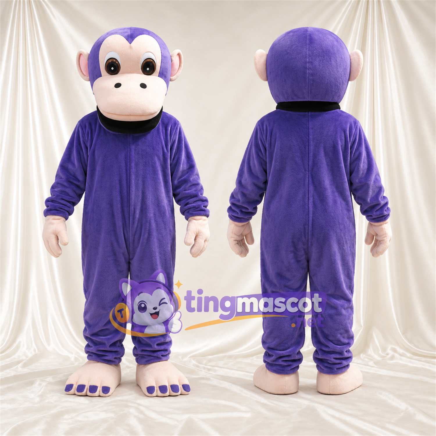 Maskottchenkostüm Affe – violett – Gesicht (creme); Zehenspitzen (blau) Maskottchenkostüm Affe – violett – Gesicht (creme); Zehenspitzen (blau)