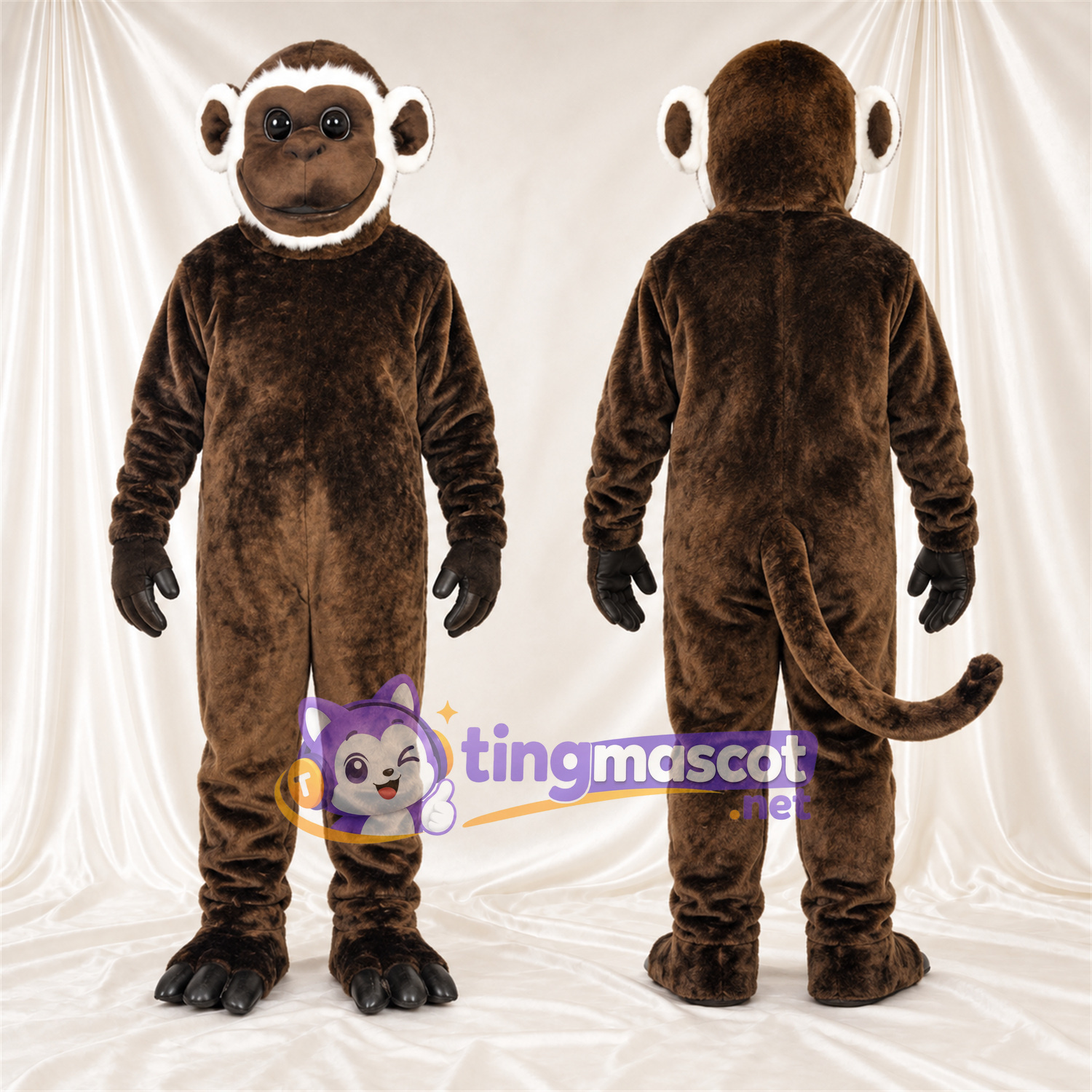 Maskottchenkostüm Affe – braun – Handschuhe (schwarz); Gesicht (weiß) Maskottchenkostüm Affe – braun – Handschuhe (schwarz); Gesicht (weiß)