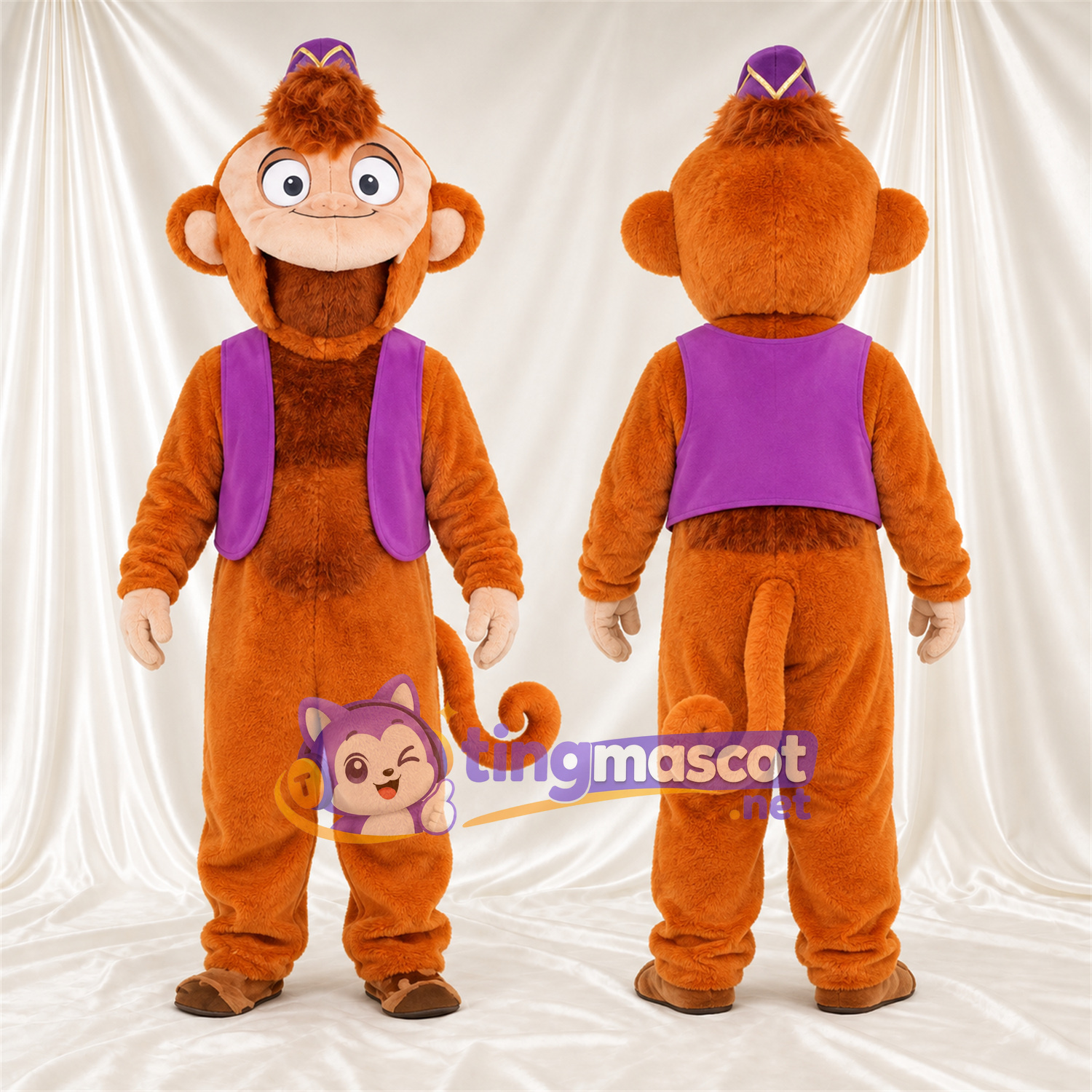 Maskottchenkostüm Affe – orange – Weste (violett); Kappe Maskottchenkostüm Affe – orange – Weste (violett); Kappe