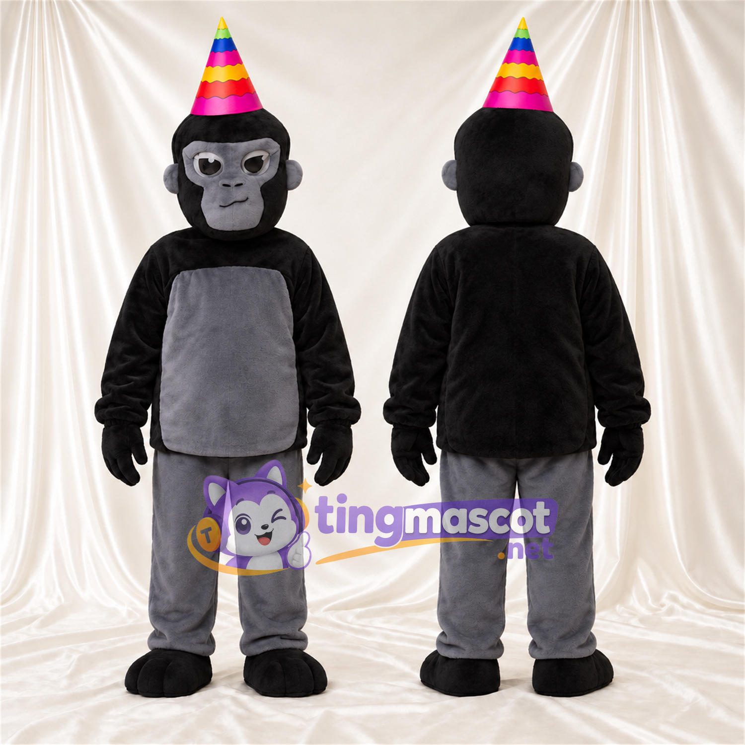 Black and Gray Monkey Mascot Costume - Rainbow Party Hat Black and Gray Monkey Mascot Costume - Rainbow Party Hat