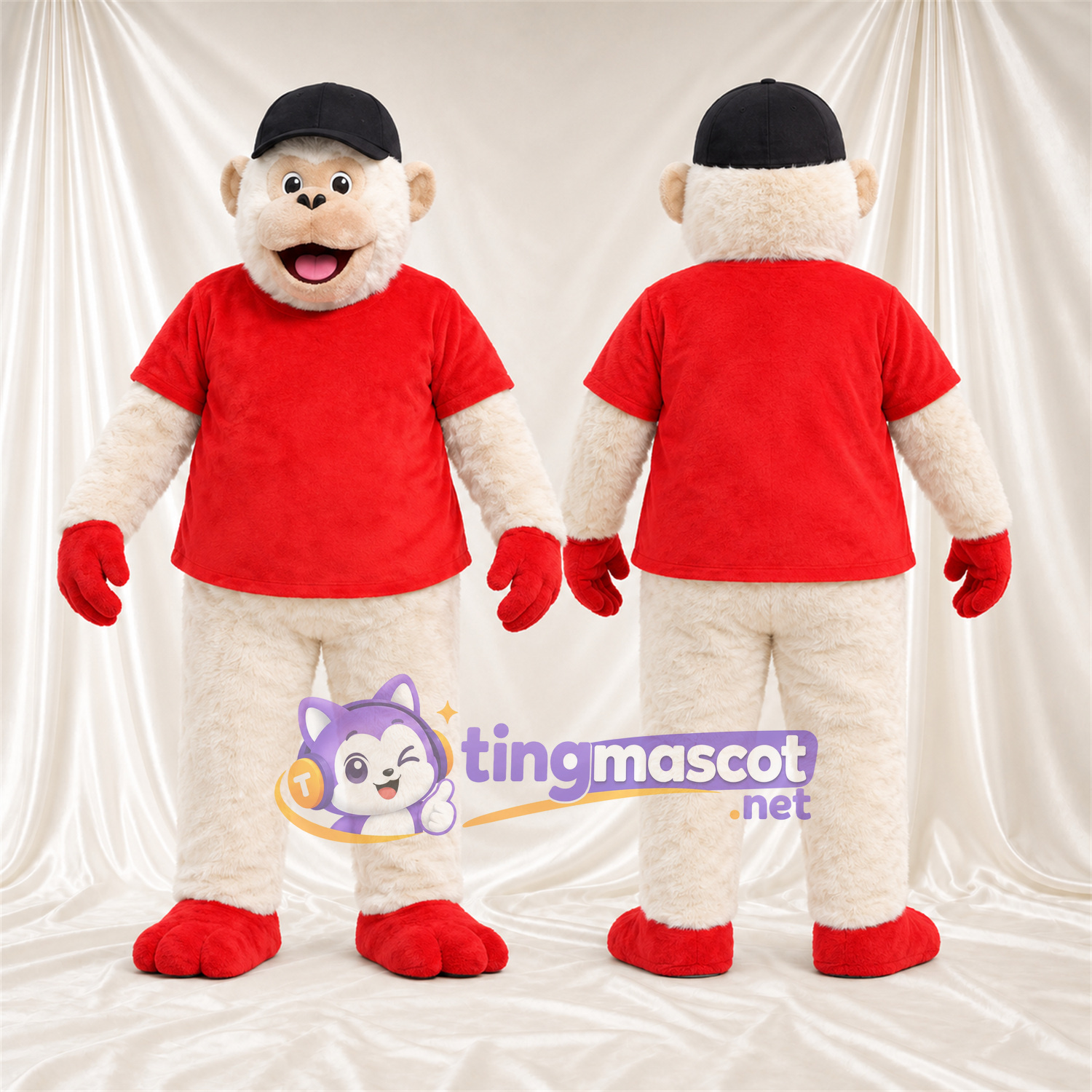 Maskottchenkostüm Affe – creme – Hemd (rot); Handschuhe (rot) Maskottchenkostüm Affe – creme – Hemd (rot); Handschuhe (rot)