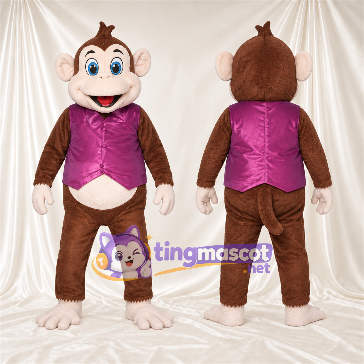 Maskottchenkostüm Affe – braun – Weste (violett) Maskottchenkostüm Affe – braun – Weste (violett)